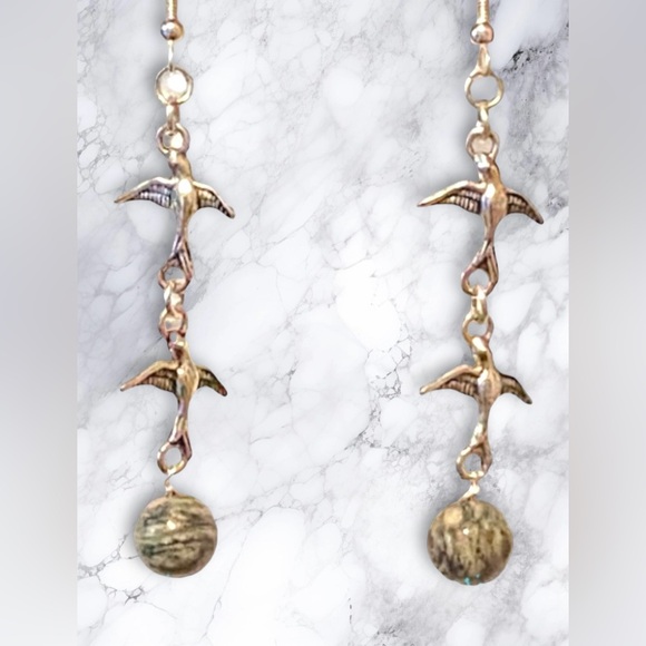 Hand Crafted Earrings Birds Spiderweb Jasper Long Dangle Doves Duster Pierced - Picture 4 of 6